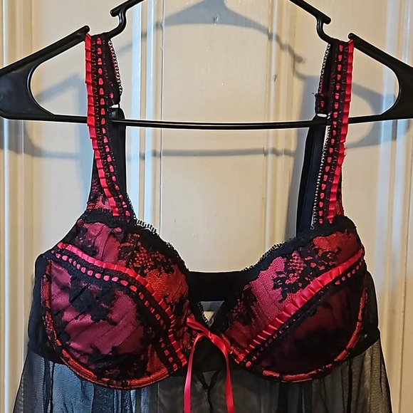 Delicates Sheer Lace Black Red Babydoll Top XL - Picture 4 of 8